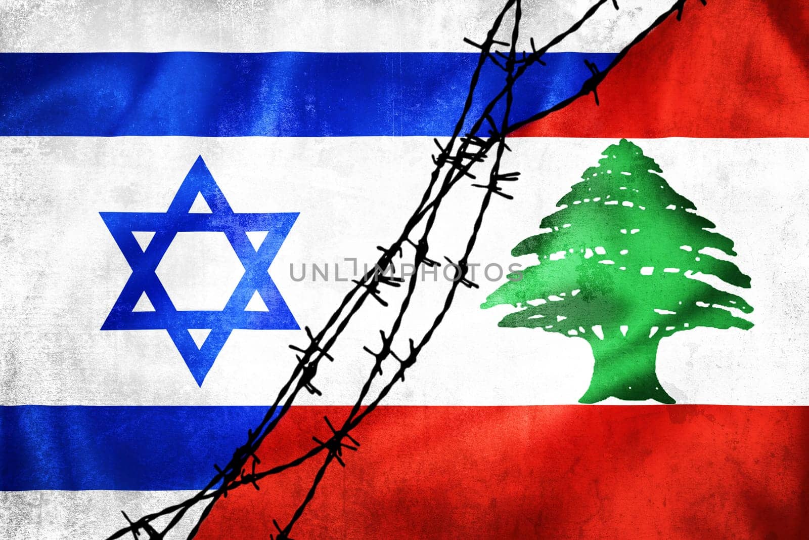 Grunge flags of Israel and Lebanon divided by barb wire illustration by xbrchx
