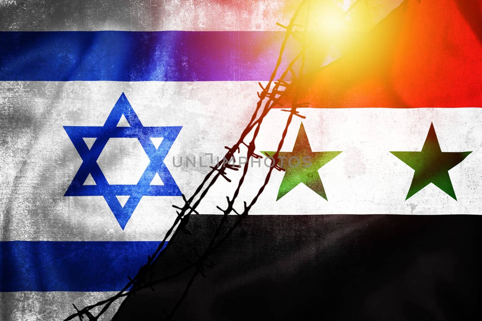 Grunge flags of Israel and Syria divided by barb wire illustration by xbrchx