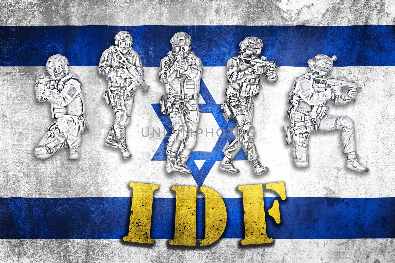 Israeli defense force tactical team in action, flag background by xbrchx