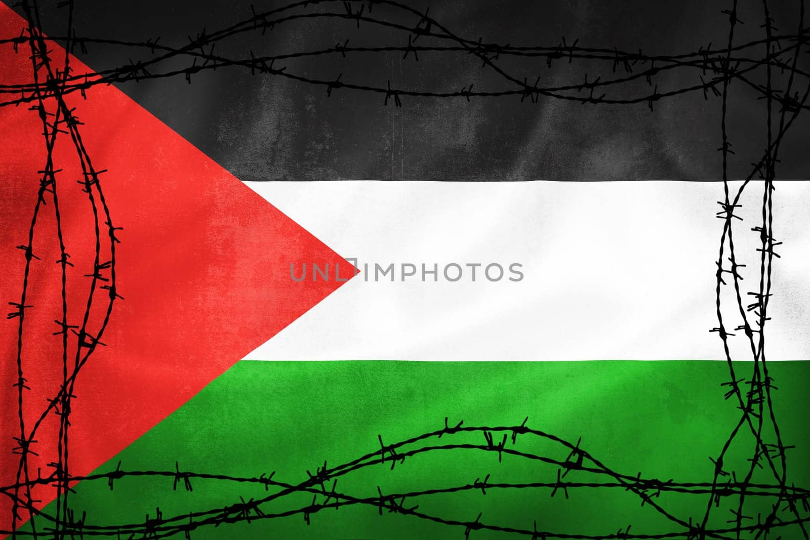 Grunge 3D illustration of Palestine flag girded by barb wire, concept of Palestine 