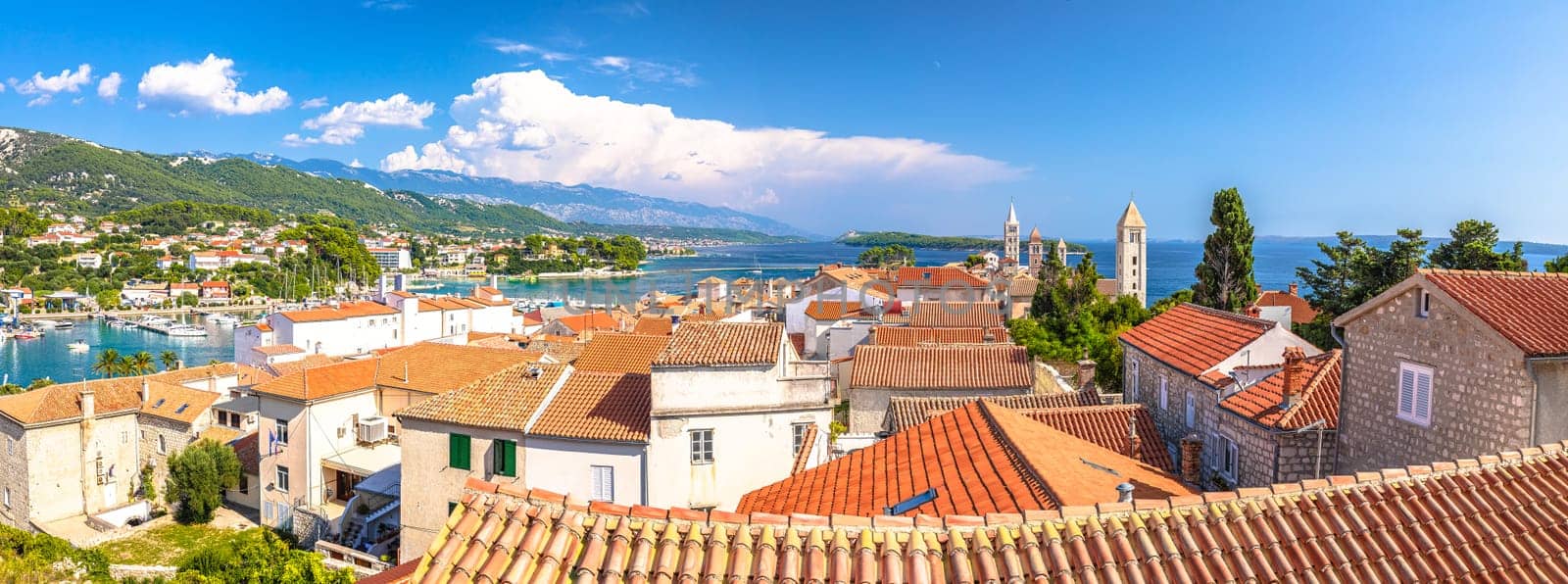 Historic town of Rab bell towers and waterfront panoramic view, Island of Rab, archipelago of Croatia