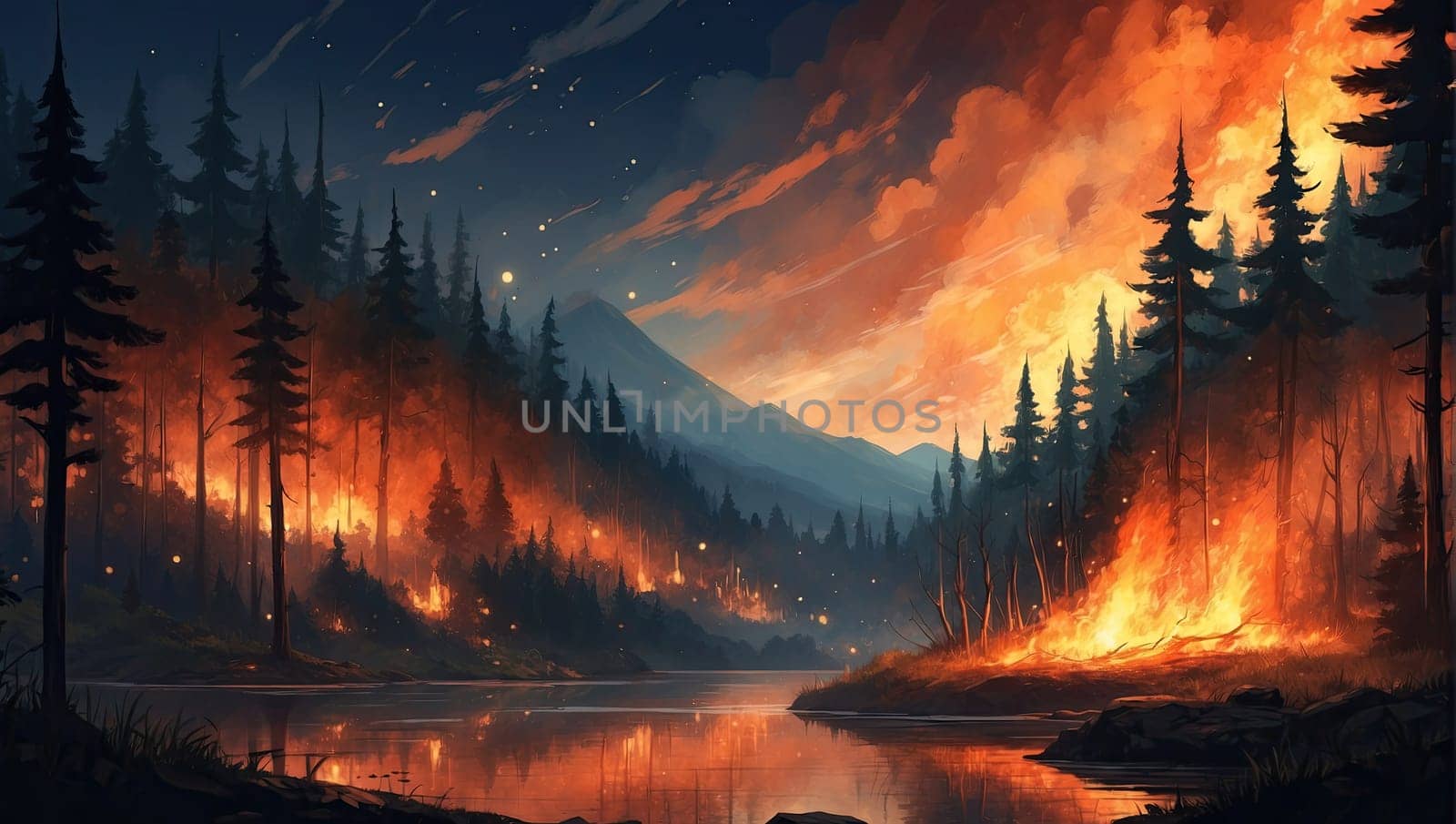 Erupting volcano, burning forests by applesstock