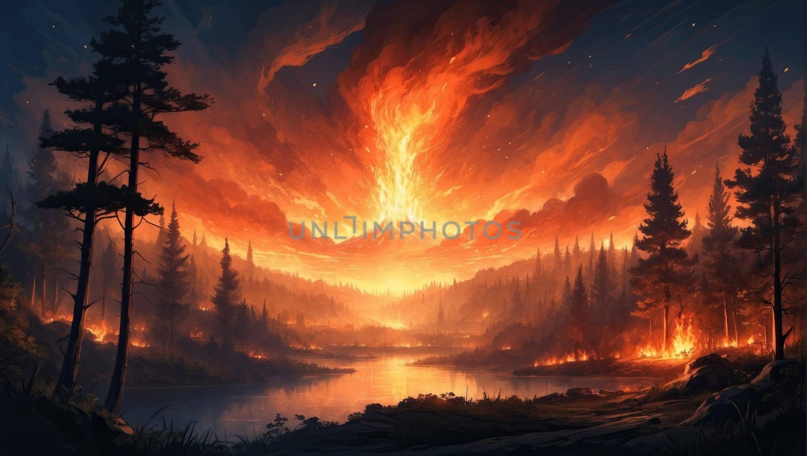 Erupting volcano, burning forests by applesstock