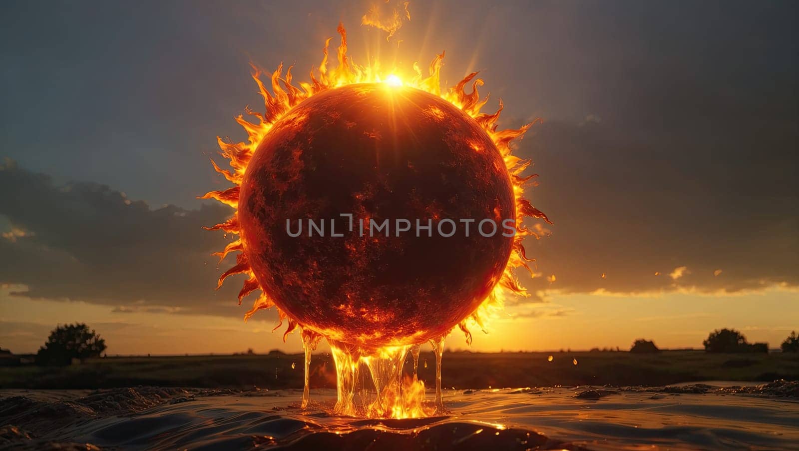 Burning planet falling into water by applesstock