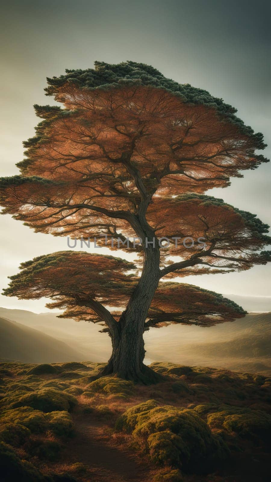 Old autumn tree in the rays of sunrise by applesstock