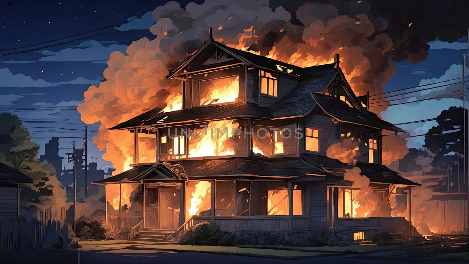 Painted burning house. AI generated