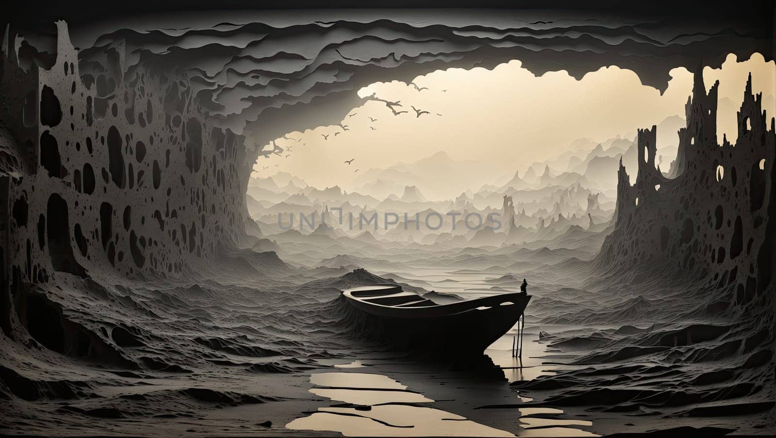 Old boat in a lost cave. AI generated
