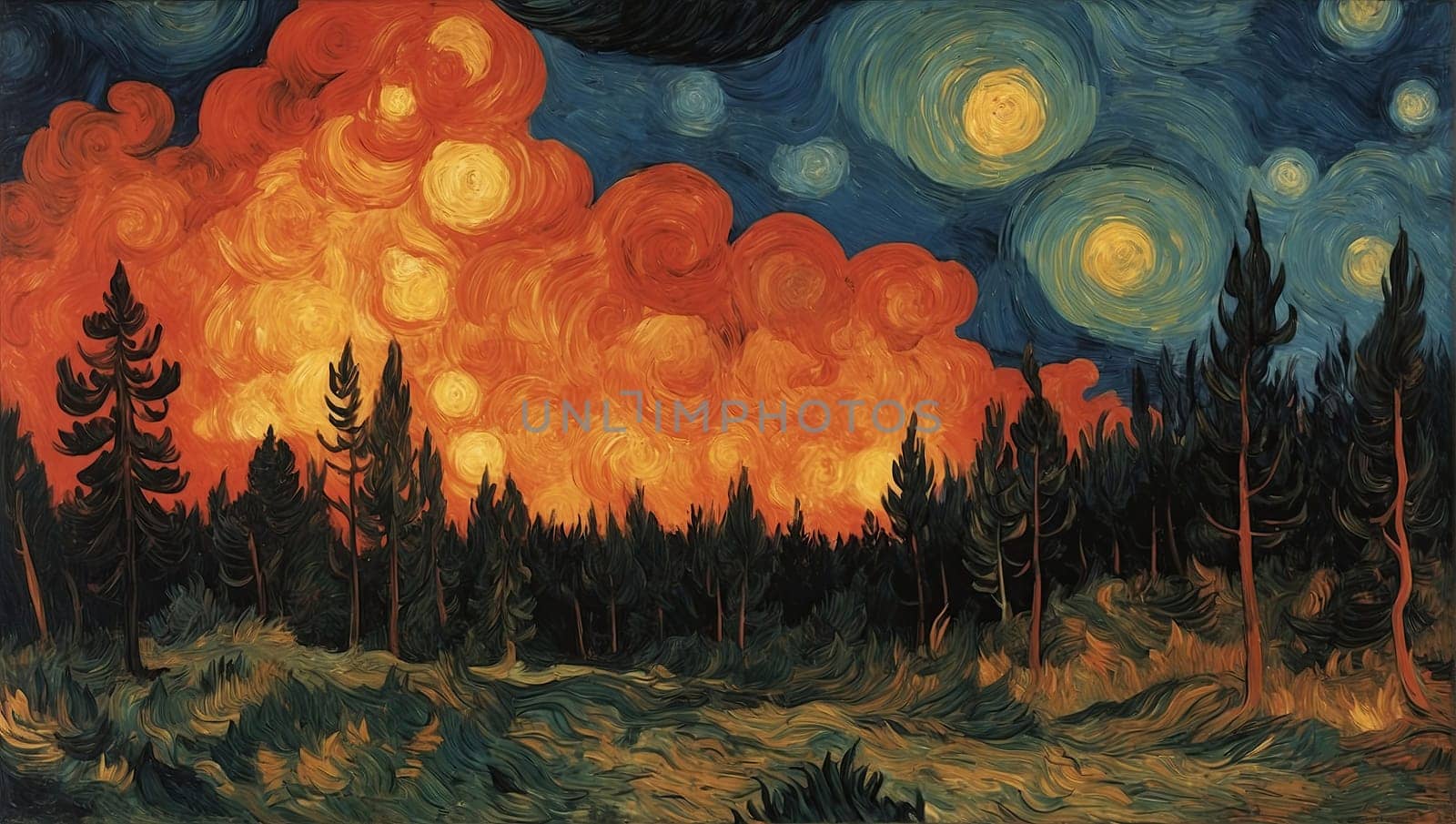 Forest fire at night. Drawing with paints by applesstock