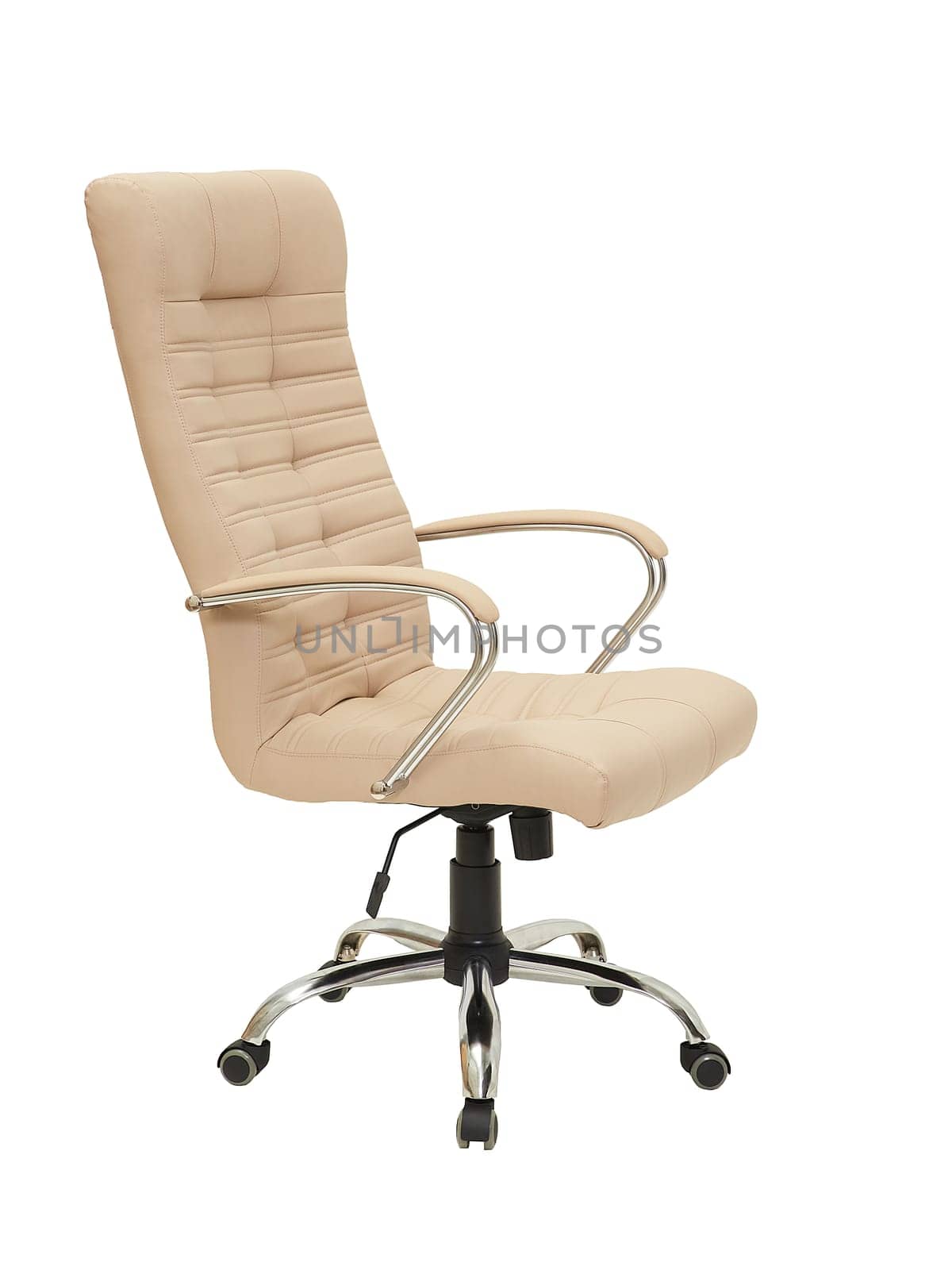 beige office leather armchair on wheels isolated on white background, side view. modern furniture, interior, home design