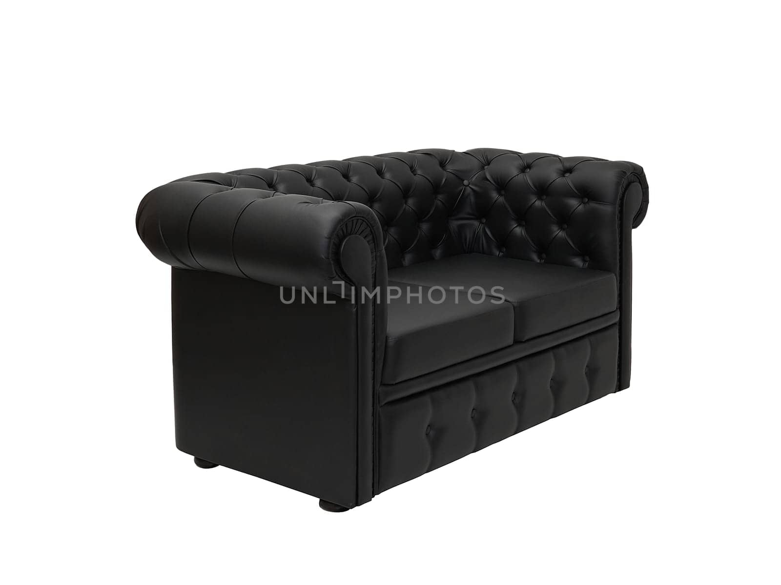 single black leather office sofa in retro style isolated on white background, side view. modern couch, furniture, interior, home design