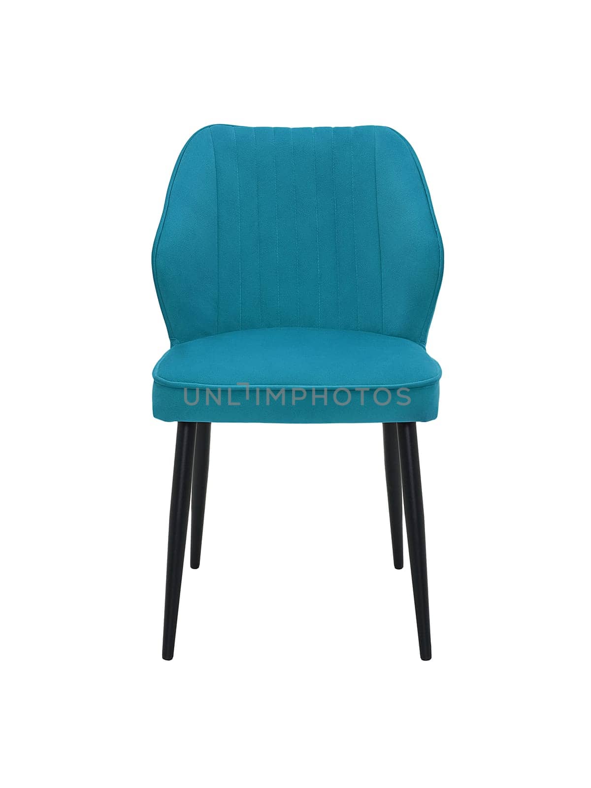 modern blue fabric chair with wooden legs isolated on white background, front view. contemporary furniture in classical style, interior, home design