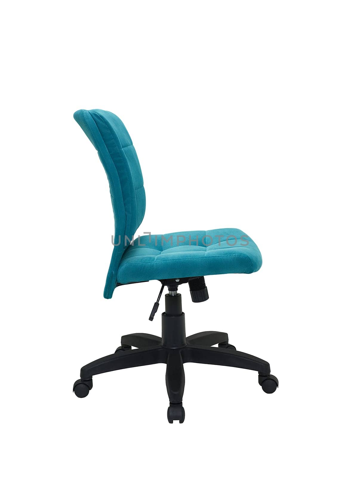 blue office fabric armchair on wheels isolated on white background, side view. modern furniture, interior, home design