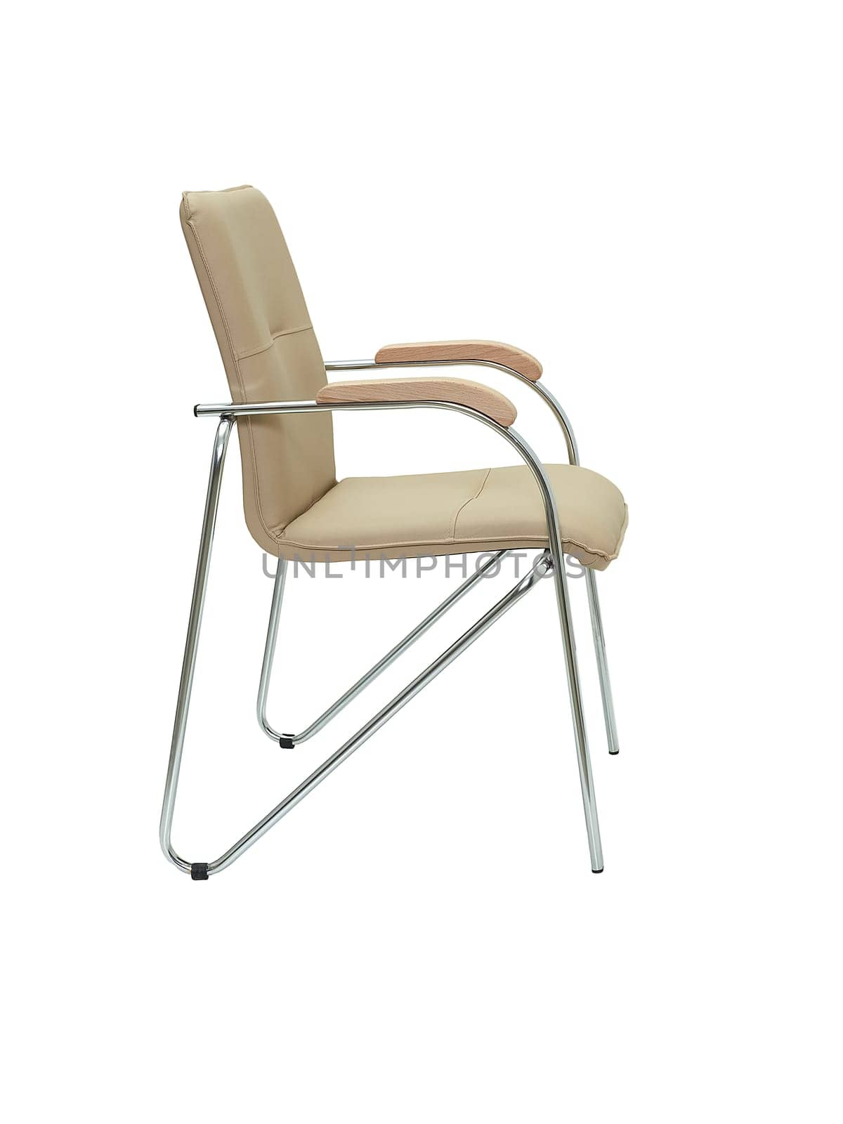 beige leather office chair with chrome legs and elbow in strict style isolated on white background, side view. contemporary furniture in minimal style, interior, home design