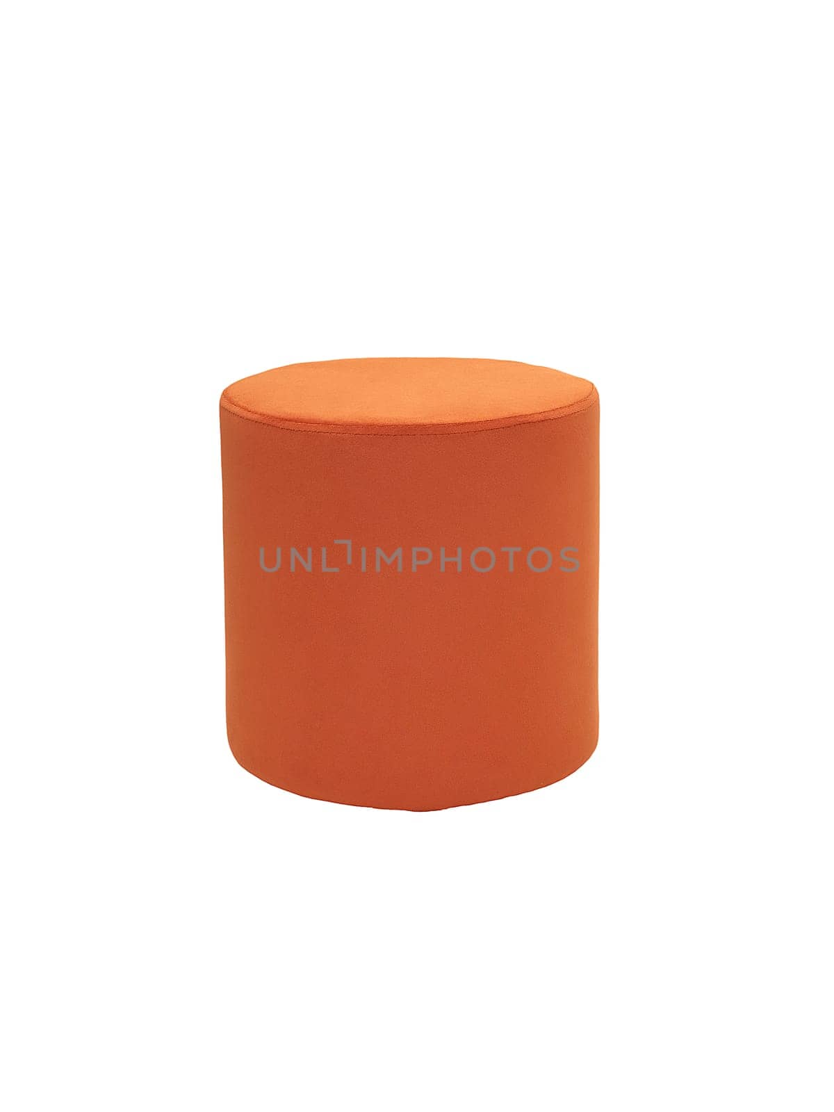 unusual modern orange cylindrical padded stool upholstered with soft fabric in strict style isolated on white background. Creative approach to making furniture in shape of cylinder