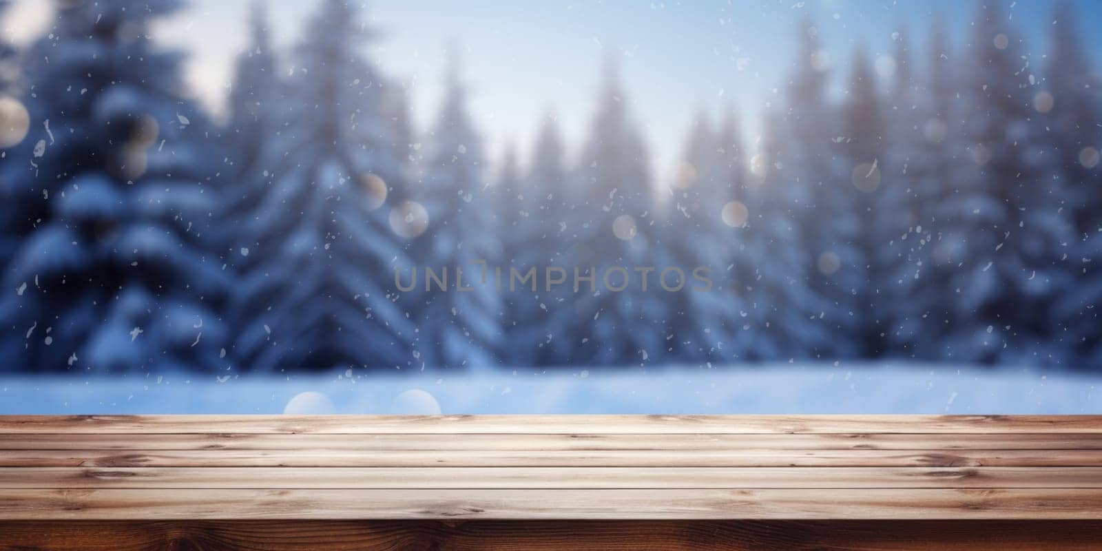 Empty table in beautiful winter landscape, wood plank board in snow mountain outdoor comeliness