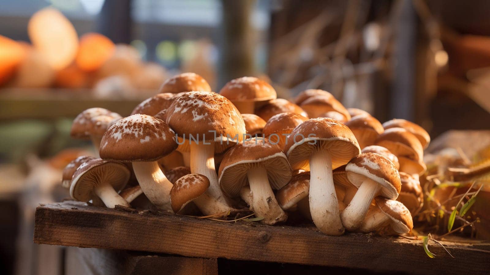 Closeup Mushroom Shiitake Or Shitake In Greenhouse or Fruiting Chamber. Mushroom Farm. Business Of Cultivation, Growing Medicinal Fungi. Ai Generated. Horizontal High quality photo