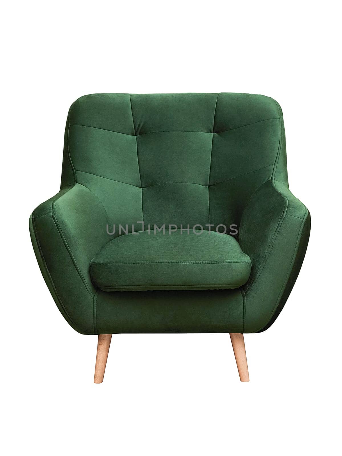 Modern green fabric armchair with wooden legs isolated on white background, front view. furniture, interior, home design in minimal style