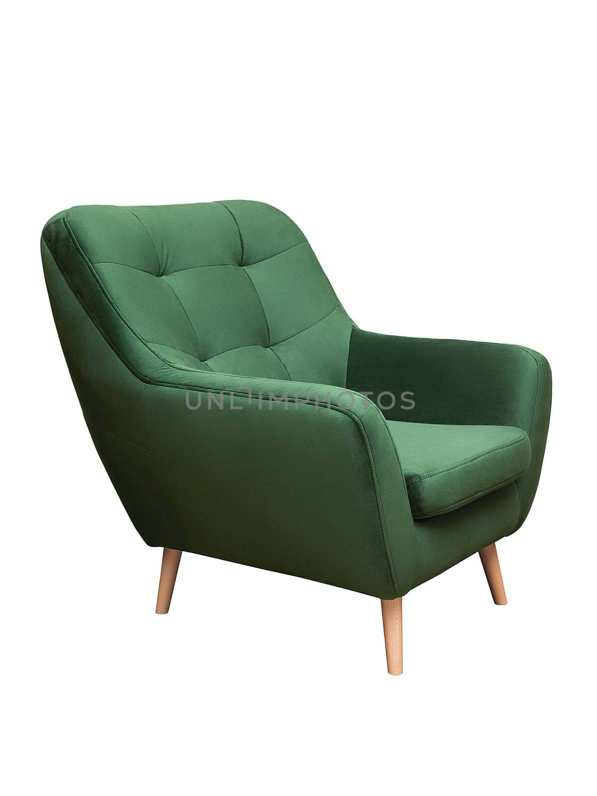 Modern green fabric armchair with wooden legs isolated on white background, side view. furniture, interior, home design in minimal style