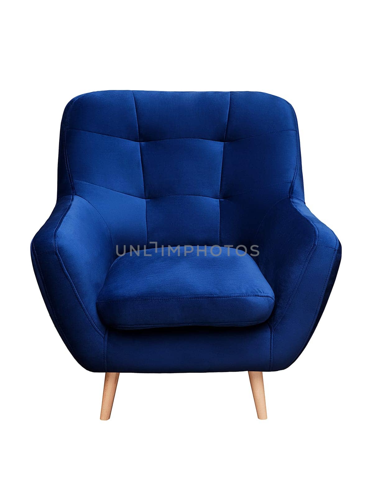 Modern blue fabric armchair with wooden legs isolated on white background, front view. furniture, interior, home design in minimal style