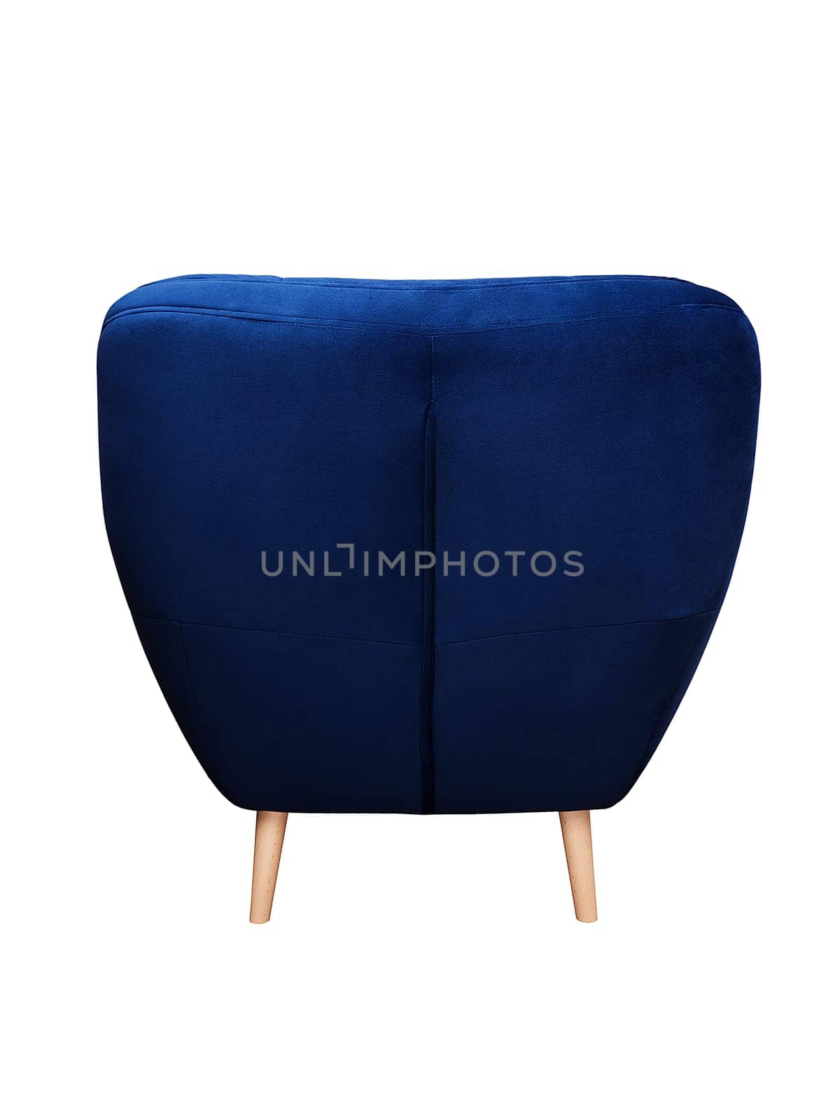 Modern blue fabric armchair with wooden legs isolated on white background, back view. furniture, interior, home design in minimal style