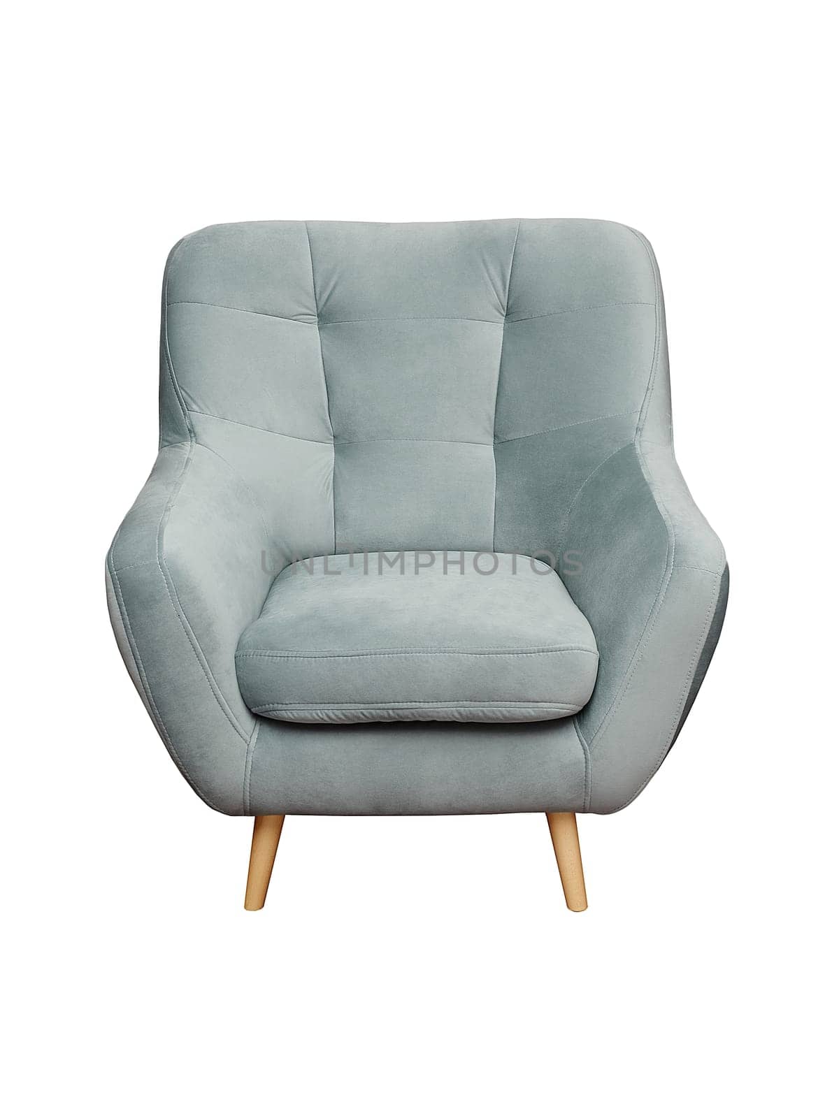 Modern grey fabric armchair with wooden legs isolated on white background, front view. furniture, interior, home design in minimal style