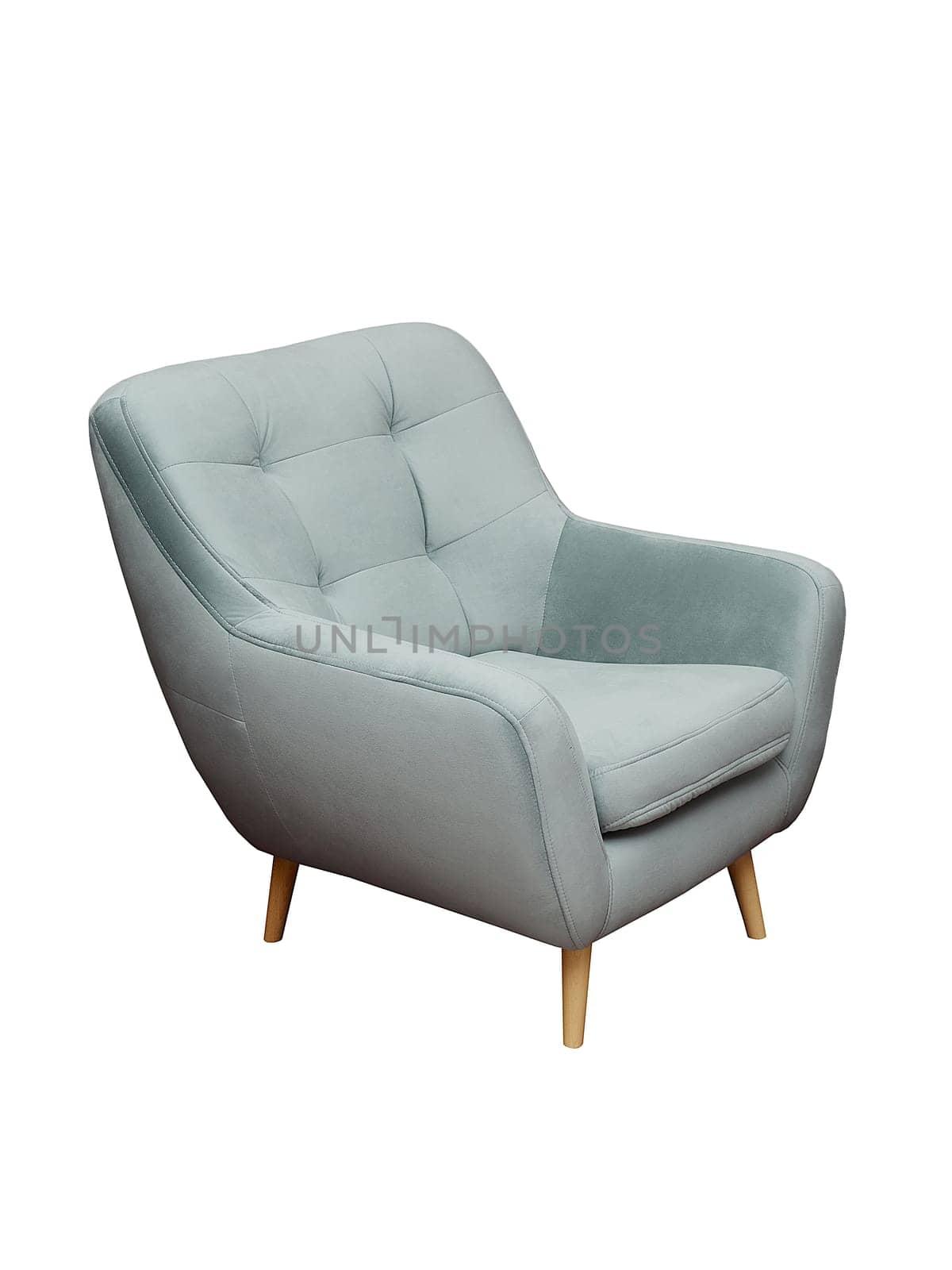 Modern gray fabric armchair with wooden legs isolated on white background, side view. furniture, interior, home design in minimal style
