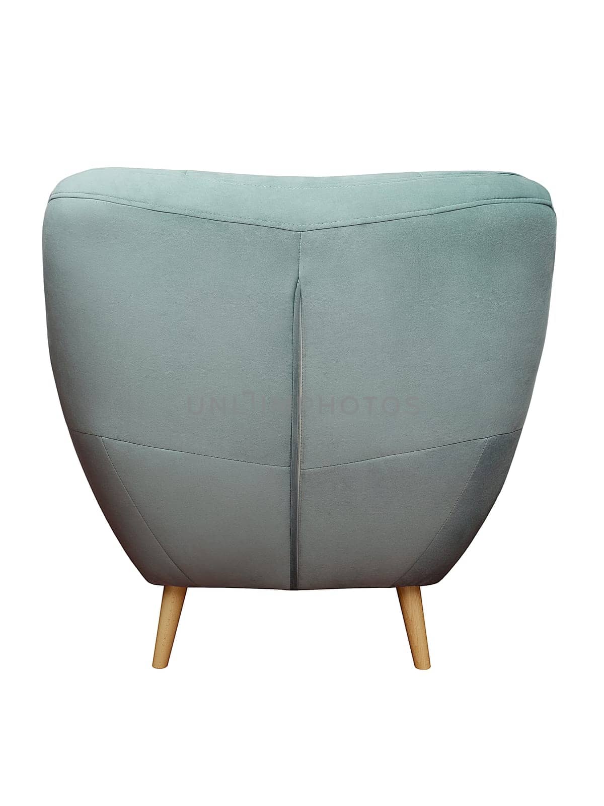 Modern grey fabric armchair with wooden legs isolated on white background, back view. furniture, interior, home design in minimal style