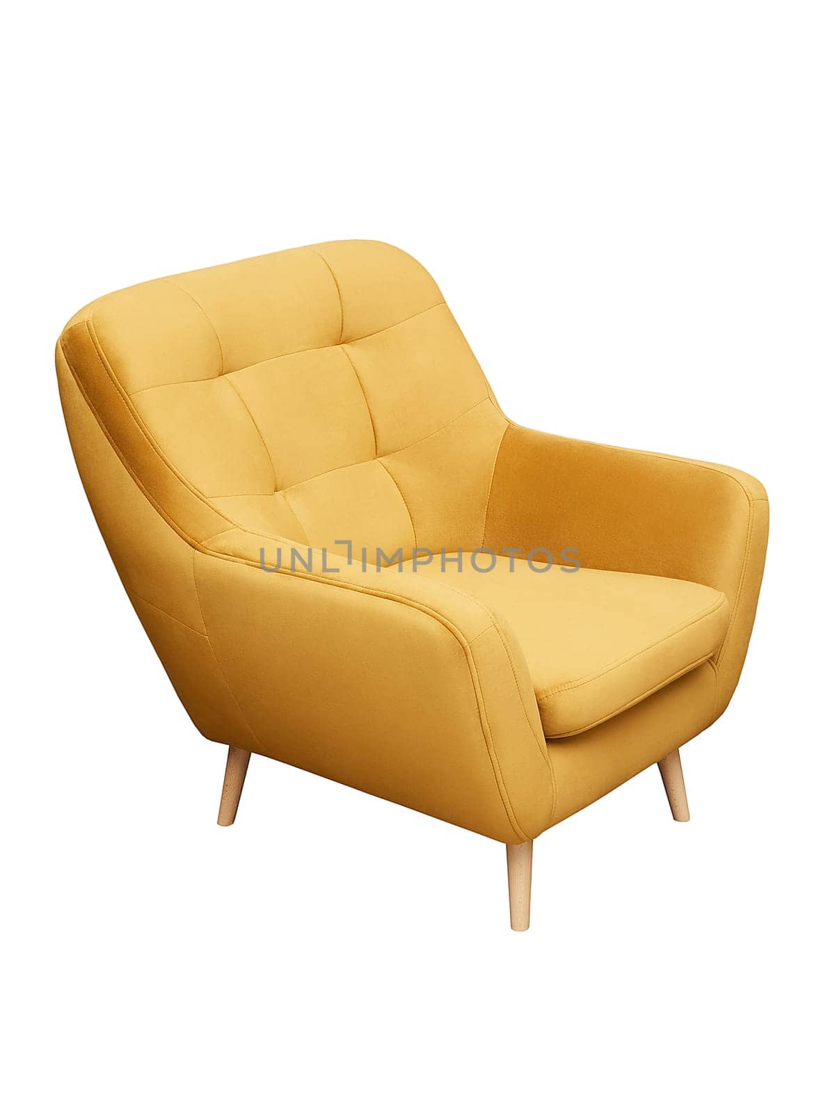 Modern yellow fabric armchair with wooden legs isolated on white background, side view. furniture, interior, home design in minimal style