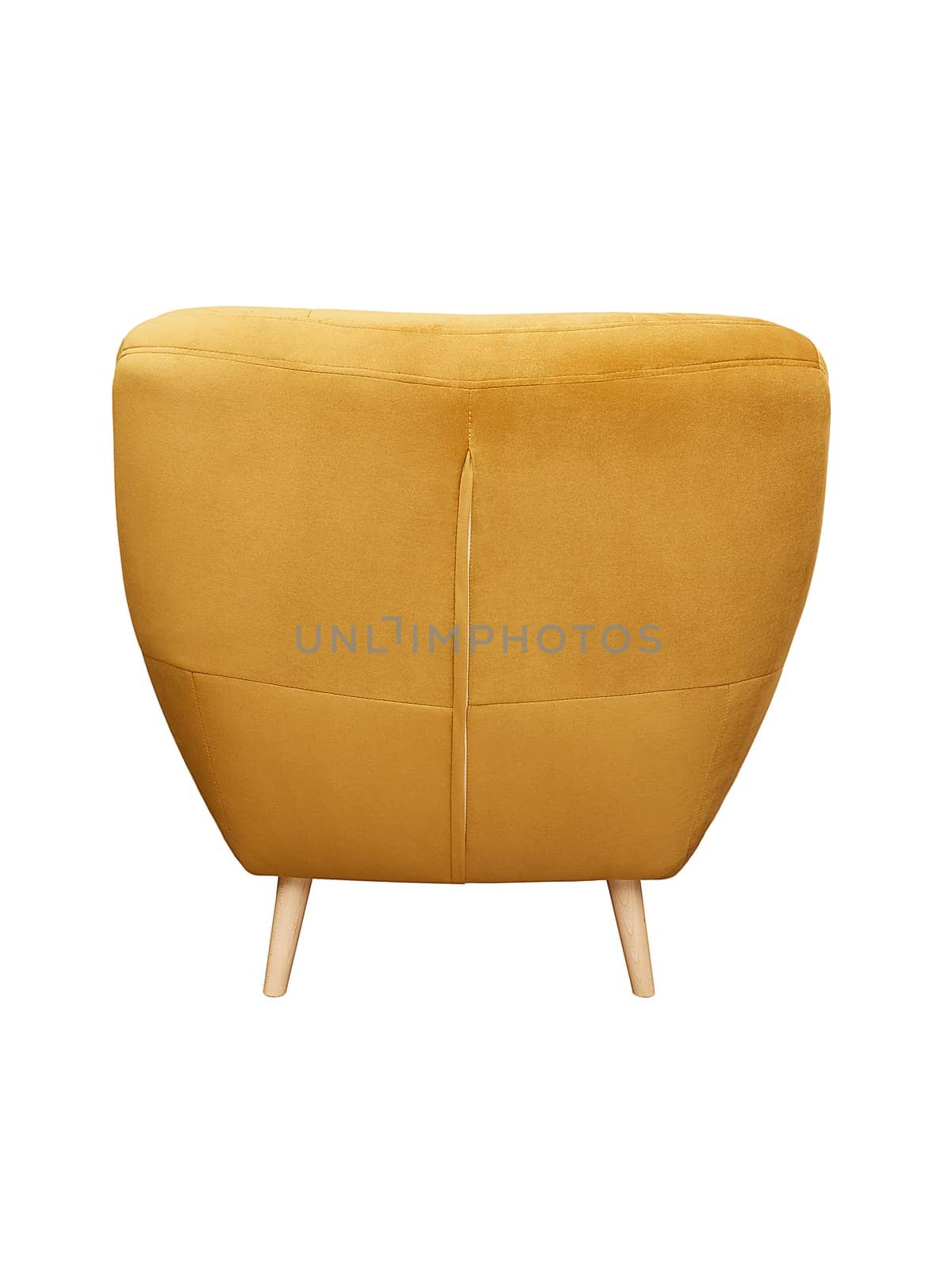 Modern yellow fabric armchair with wooden legs isolated on white background, back view. furniture, interior, home design in minimal style