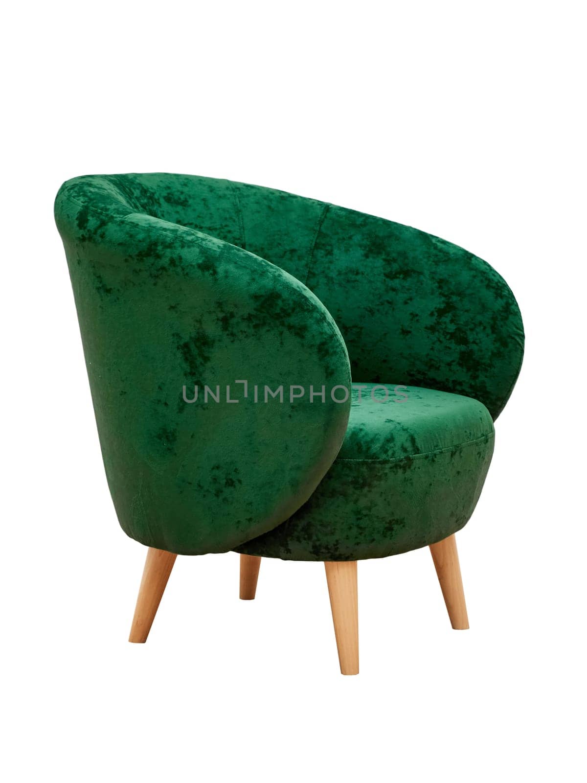 Modern green fabric armchair with wooden legs isolated on white background, side view. furniture, interior, home design in minimal style