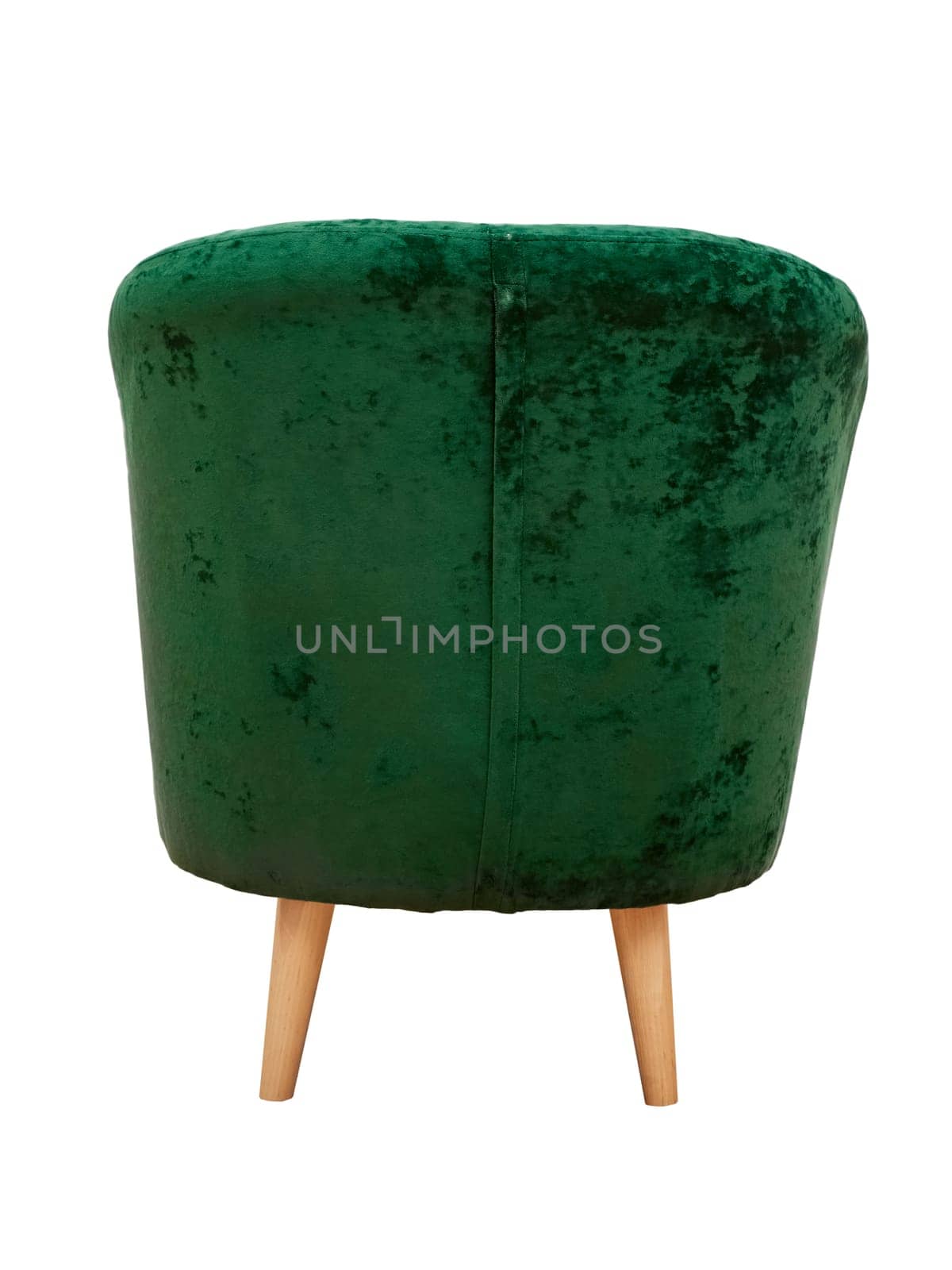 Modern green fabric armchair with wooden legs isolated on white background, back view. furniture, interior, home design in minimal style