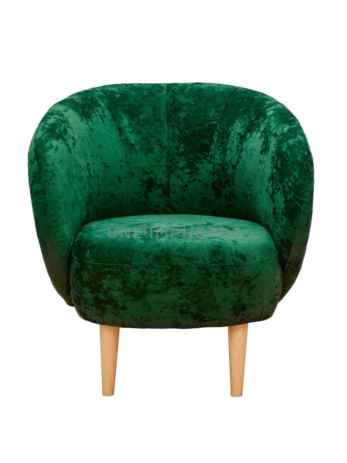 Modern green fabric armchair with wooden legs isolated on white background, front view. furniture, interior, home design in minimal style