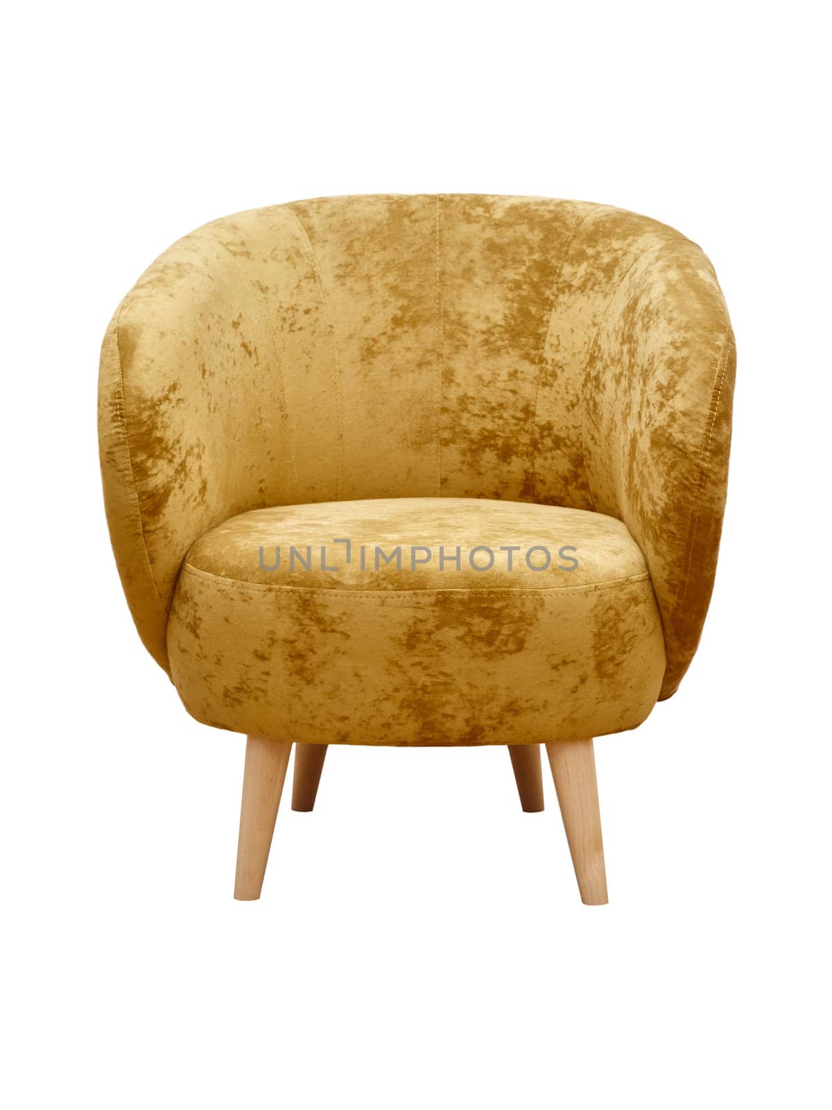 Modern yellow fabric armchair with wooden legs isolated on white background, front view. furniture, interior, home design in minimal style