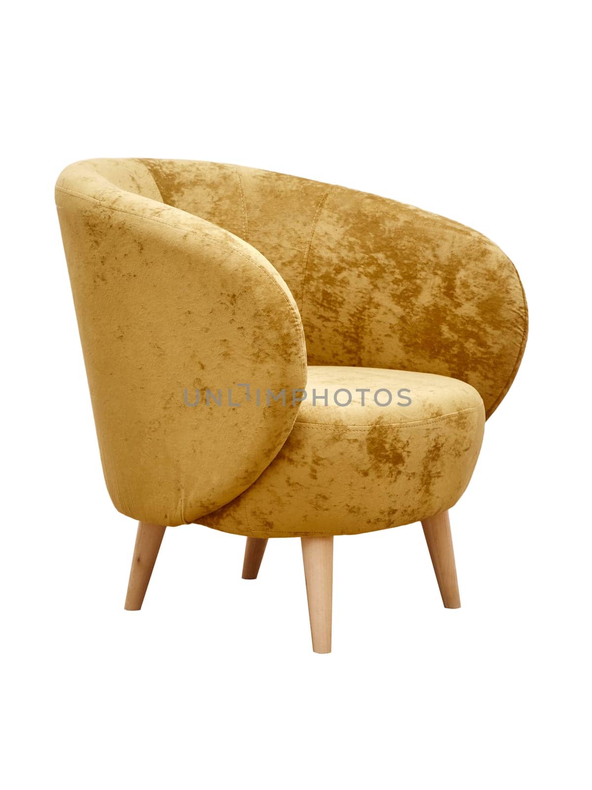 Modern yellow fabric armchair with wooden legs isolated on white background, side view. furniture, interior, home design in minimal style