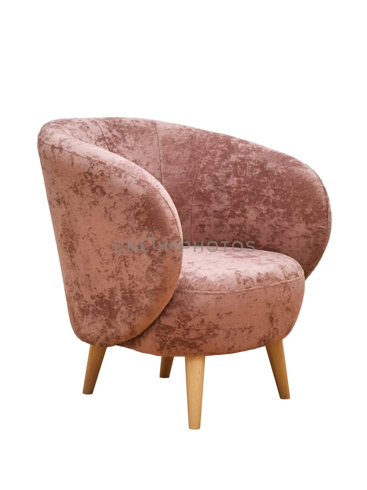 Modern pink fabric armchair with wooden legs isolated on white background, side view. furniture, interior, home design in minimal style