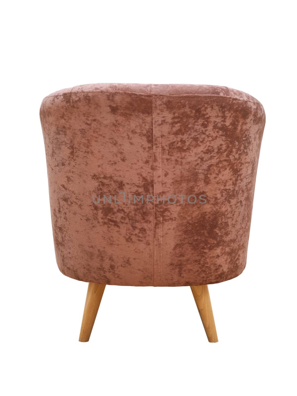 Modern pink fabric armchair with wooden legs isolated on white background, back view. furniture, interior, home design in minimal style