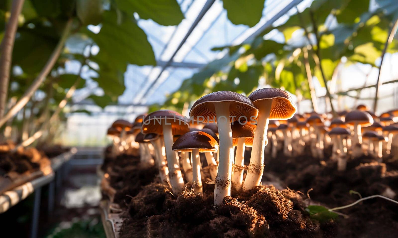 Wide angle Mushroom Greenhouse or Fruiting Chamber. Mycotextile. Growing Medicinal and Edible Fungi, Mushroom Farm. Business Of Fungus Cultivation, Ai Generated. Horizontal High quality photo