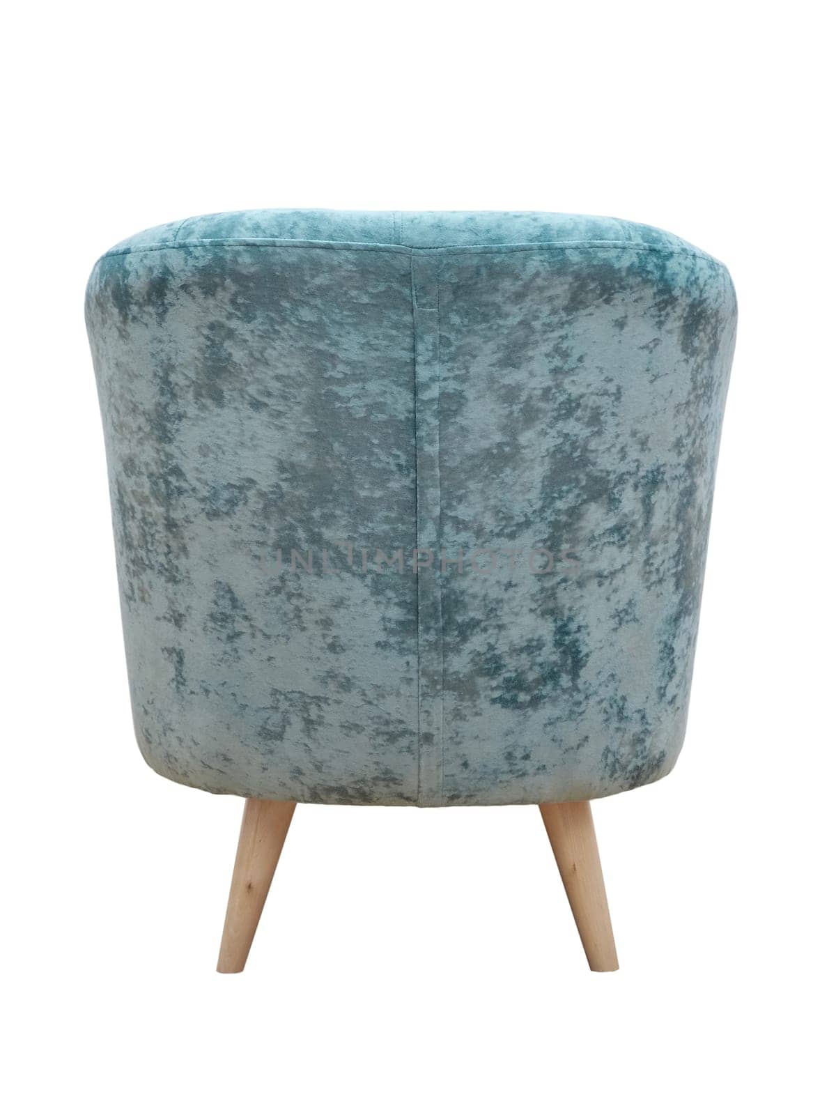 Modern blue fabric armchair with wooden legs isolated on white background, back view. furniture, interior, home design in minimal style