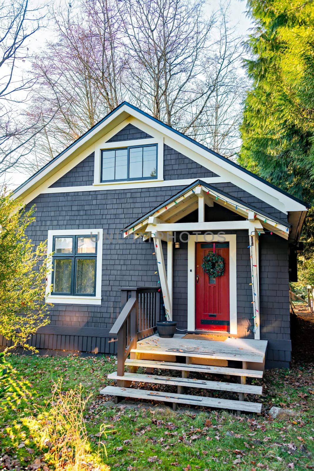 Main entrance of residential house on fall season in British Columbia, Canada.