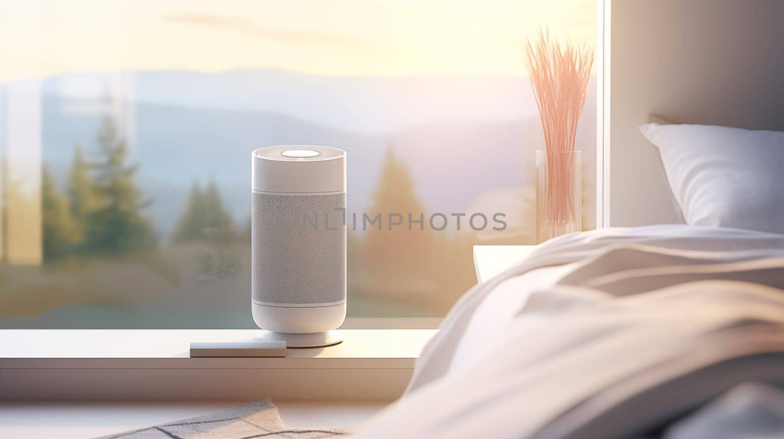 Air Purifier Or Cleaner Near Big Window In Bedroom, Blue Sky And Mountains On Background. Air Cleaner Removing Fine Dust In House To Prevent Allergy. Dust, Air Pollution Problem. Ai Generated.