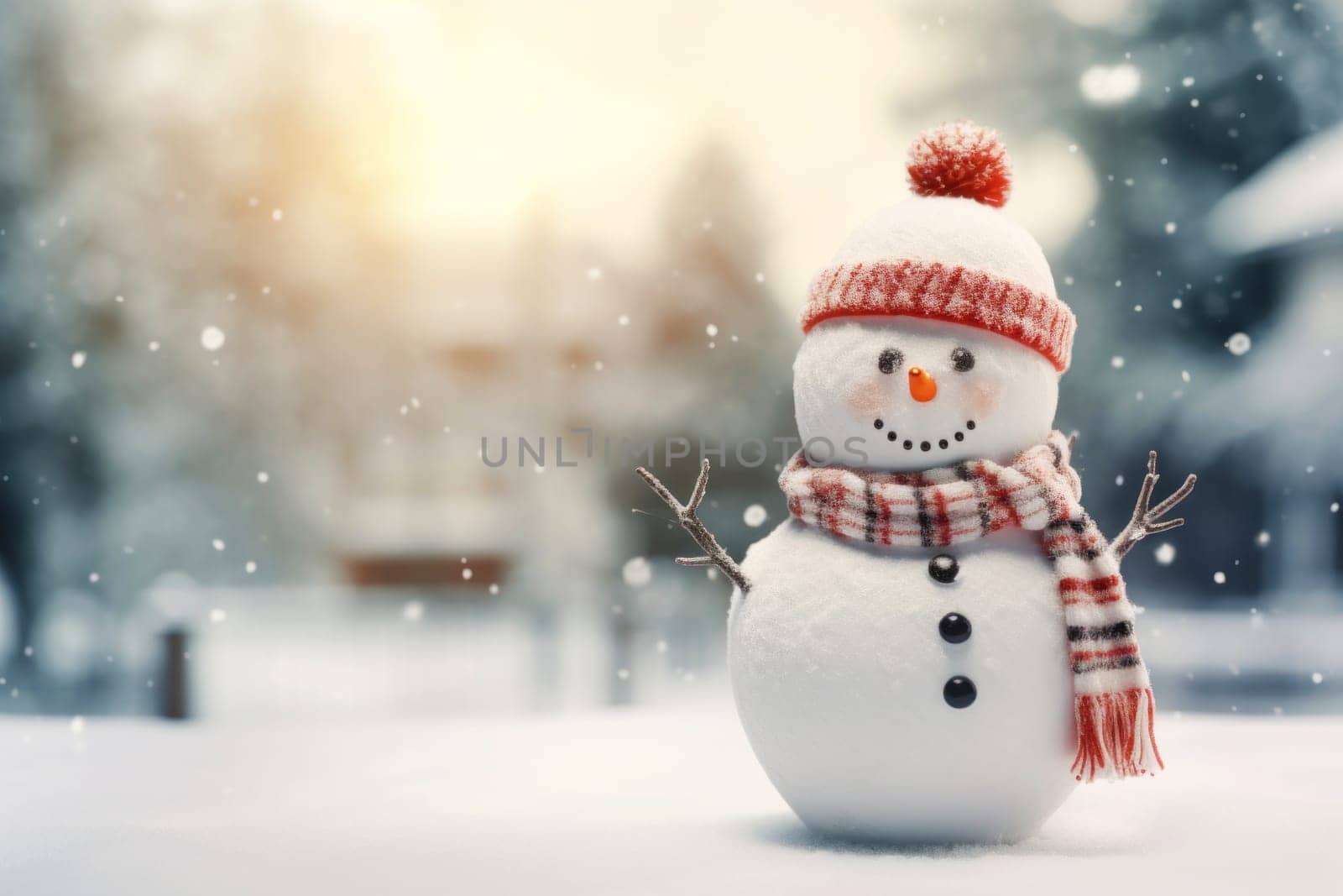 Cute little snowman in knitted hat and scarf standing outside on a winters day. Christmas card, copy space