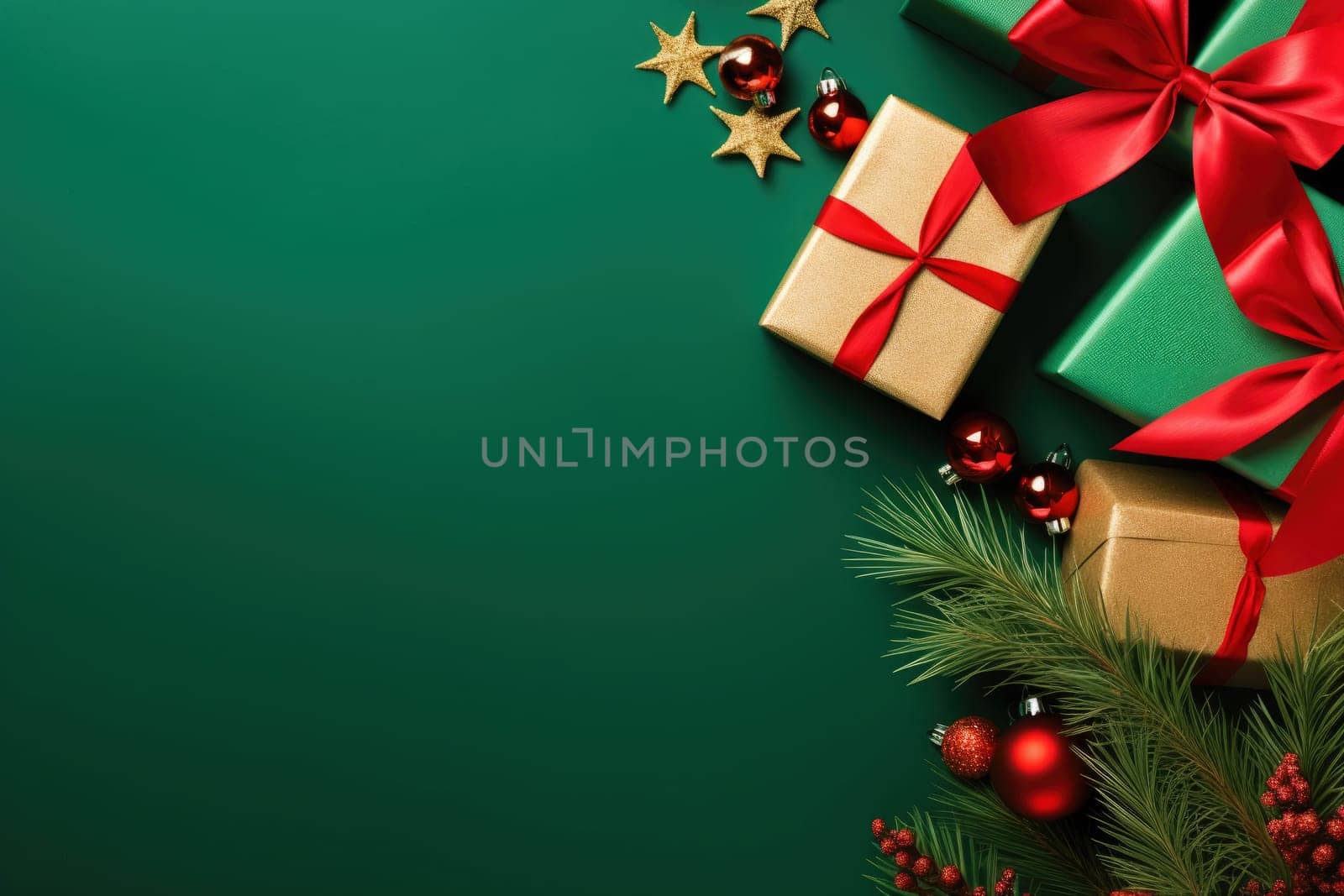 Christmas balls, presents and golden stars on green background with copy space. Top view, flat lay