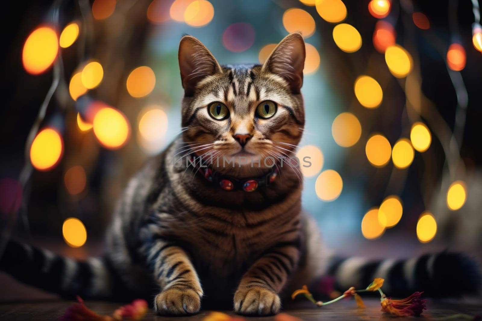A cute cat poses against a Christmas background, adorned with twinkling lights and a festive tree