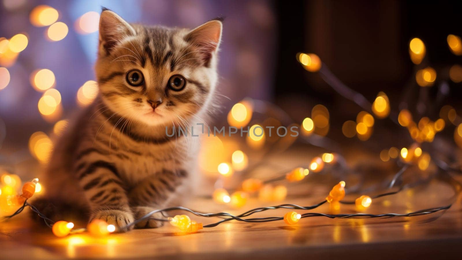 A cute kitten sits amidst a festive atmosphere, surrounded by the warm glow of garland light
