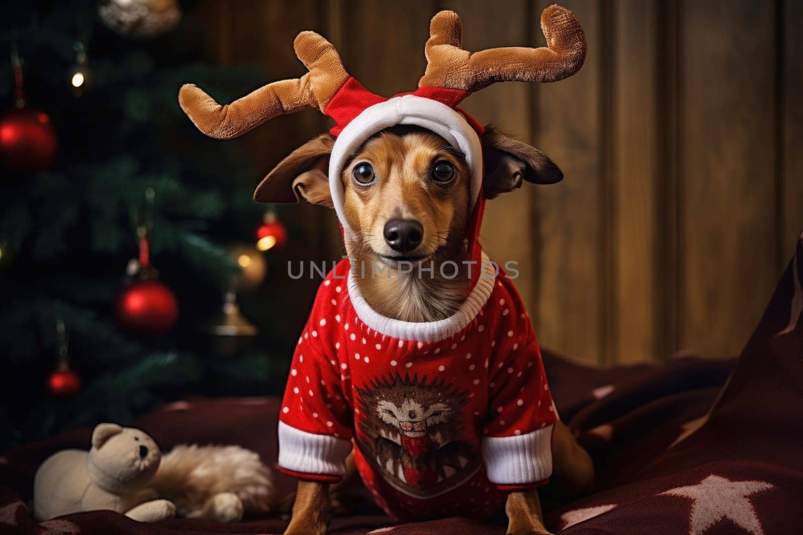 Funny dog in Christmas costume against a merry holiday background with Christmas tree.