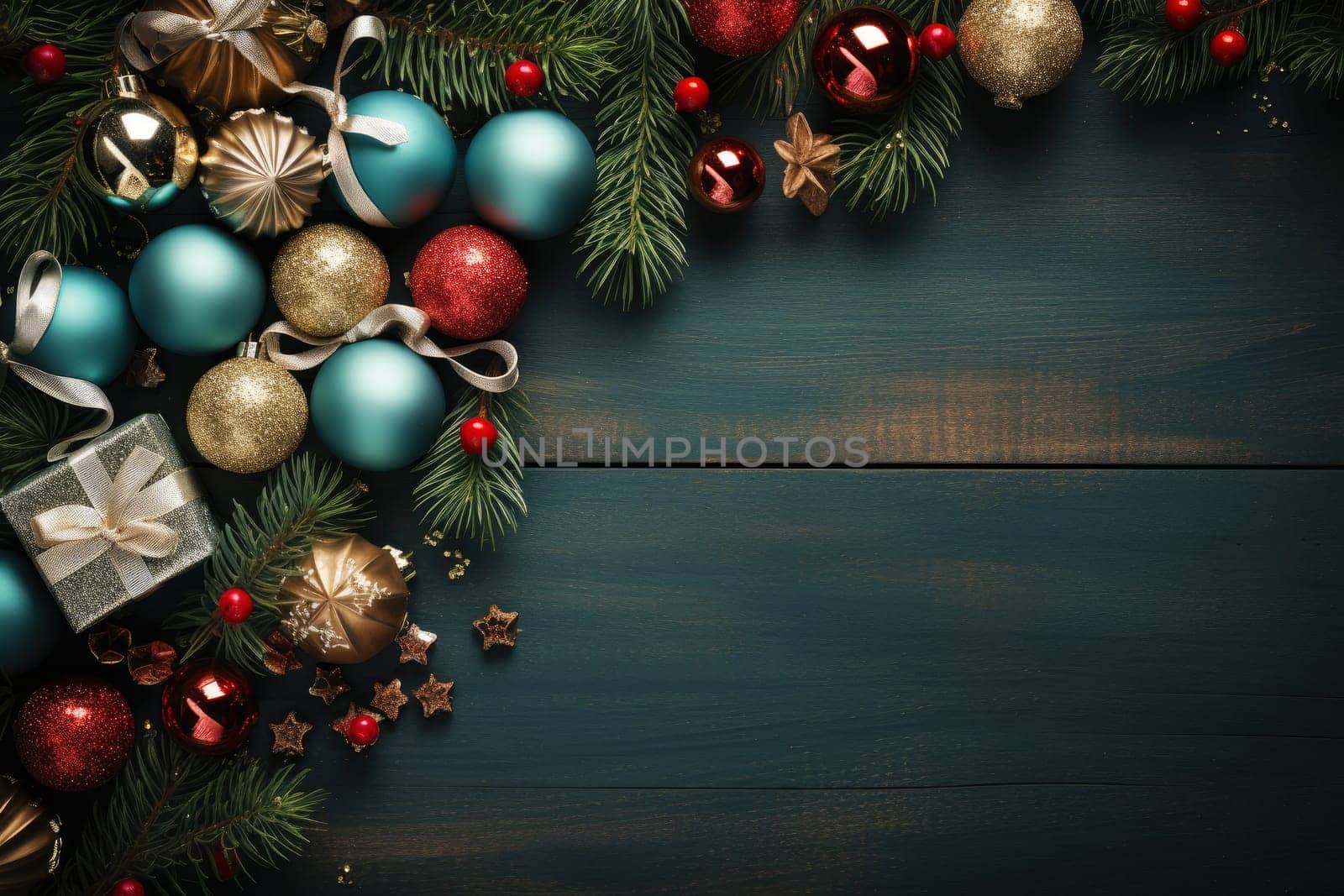 Christmas balls, presents, pine branches and cones on wooden background with copy space. Top view, flat lay