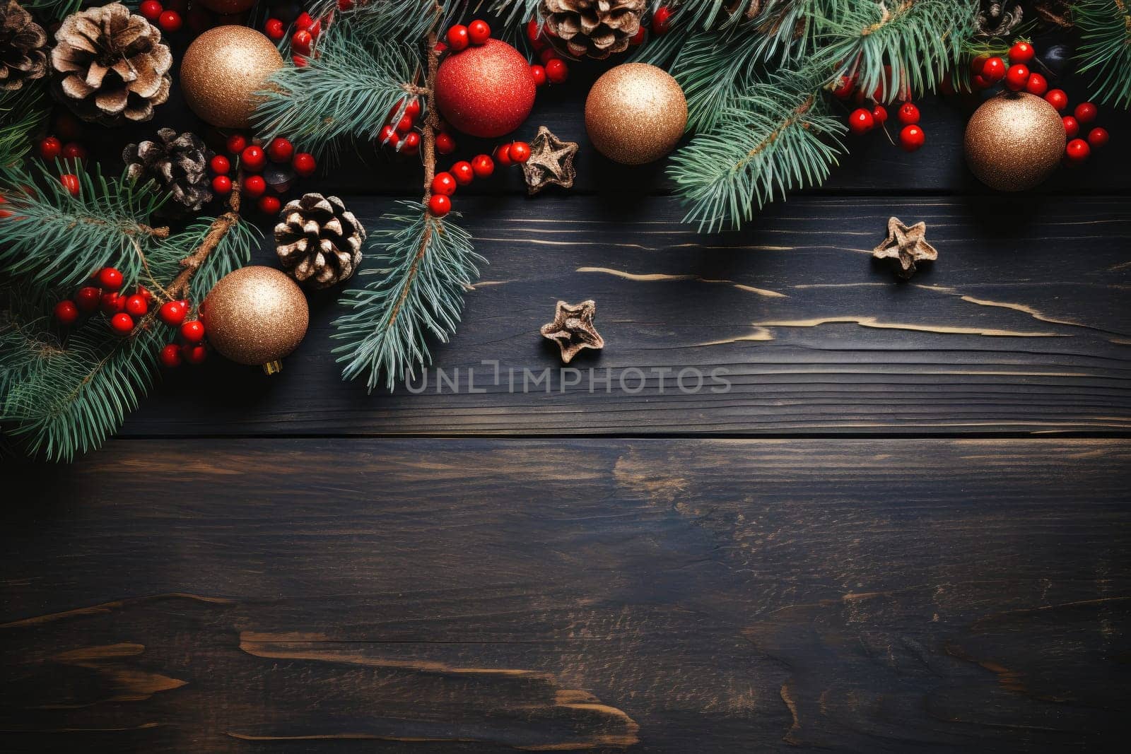 Christmas balls, presents, pine branches and cones on wooden background with copy space. Top view, flat lay