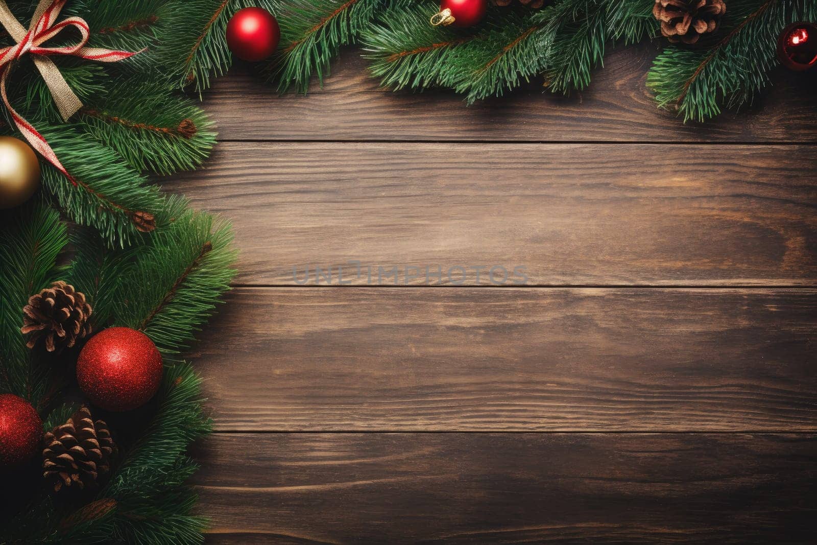 Christmas balls, pine branches and cones on wooden background with copy space. Top view, flat lay
