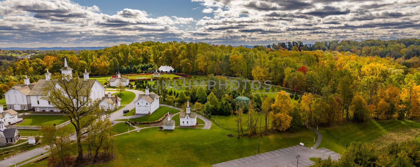 Elizabethtown, Pennsylvania, October 22, 2023 - An Aerial Panorama of Barns, Gazebos, vineyard and Orchard on an Autumn Day