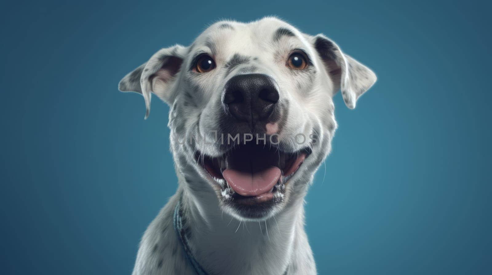 Funny portrait of happy white mongrel dog with opened mouth on Isolated blue background, look at camera.
